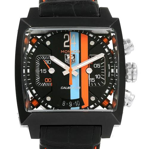 The image shows a frontal view of the Tag Heuer Monaco Limited Edition watch featuring its dial, case, and side pushers.