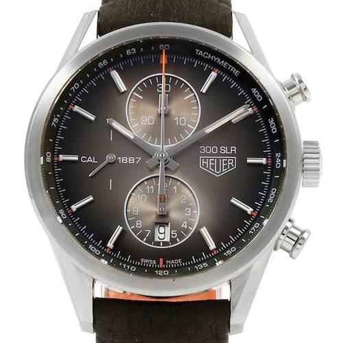 The image shows a frontal view of the Tag Heuer SLR CAR2112.FC6267 Men's Stainless Steel Brown Dial CAR2112.FC6267 Men's Stainless Steel Brown Dial watch, highlighting its dial, subdials, and tachymeter bezel.