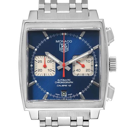 The image shows a front view of the Tag Heuer Monaco CAW2111.BA0780 Men's Stainless Steel Blue Dial CAW2111.BA0780 Men's Stainless Steel Blue Dial watch, highlighting its square dial, silver bracelet, and side pushers.