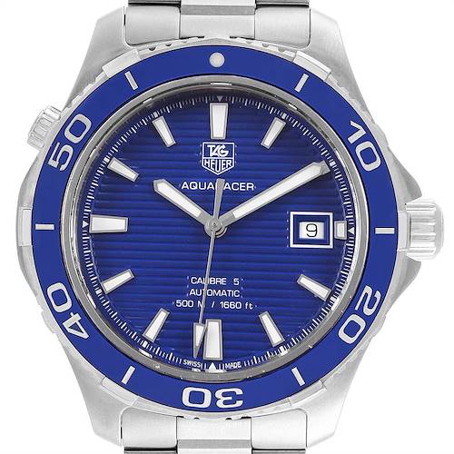 This image shows a frontal view of the Tag Heuer Aquaracer WAK2111.BA0830 Men's Stainless Steel Blue Dial WAK2111.BA0830 Men's Stainless Steel Blue Dial watch, highlighting the dial, bezel, and part of the bracelet.