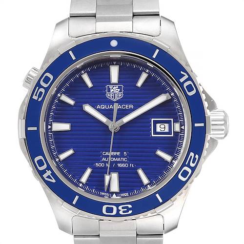 The image shows a front view of a Tag Heuer Aquaracer WAK2111.BA0830 Men's Stainless Steel Blue Dial WAK2111.BA0830 Men's Stainless Steel Blue Dial watch, featuring its blue dial, bezel, and date display.