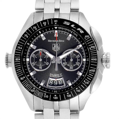 The image shows a frontal view of the Tag Heuer SLR CAG2111.BA0253 Men's Stainless Steel Black Dial CAG2111.BA0253 Men's Stainless Steel Black Dial model watch, displaying its face, bezel, and stainless steel band.