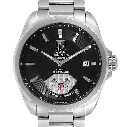 The image shows a front view of a Tag Heuer Carrera WAV511A.BA0900 Men's Stainless Steel Black Dial WAV511A.BA0900 Men's Stainless Steel Black Dial watch, displaying its black dial, date window, and sub-dial.