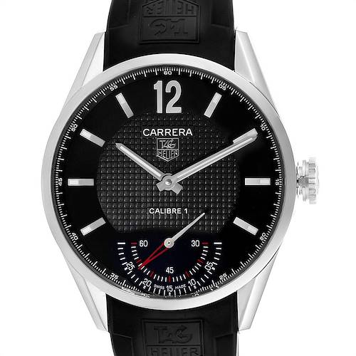 The image shows a front view of the Tag Heuer Limited Edition WV3010.EB0025 Men's Stainless Steel Black Dial WV3010.EB0025 Men's Stainless Steel Black Dial Carrera Calibre 1 watch, featuring black dial and rubber strap.