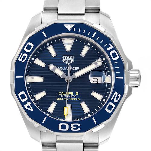 This image shows a front view of the Tag Heuer Aquaracer WAY201B Men's Stainless Steel Blue Dial WAY201B Men's Stainless Steel Blue Dial watch with a focus on its dial and bezel.