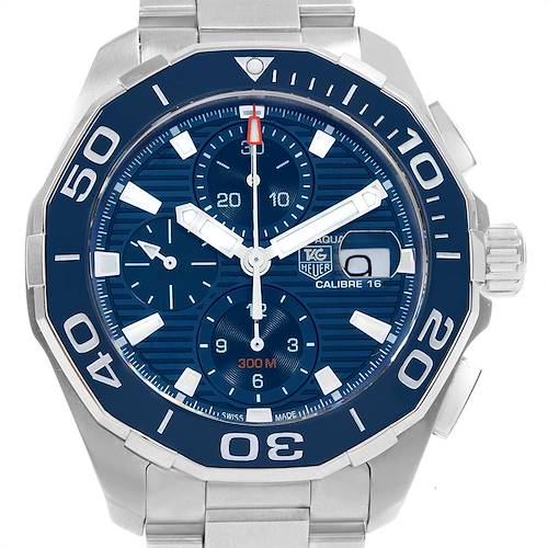 The image shows a front view of the Tag Heuer Aquaracer CAY211B.BA0927 Men's Stainless Steel Blue Dial CAY211B.BA0927 Men's Stainless Steel Blue Dial watch, highlighting its bezel, dial, and bracelet.