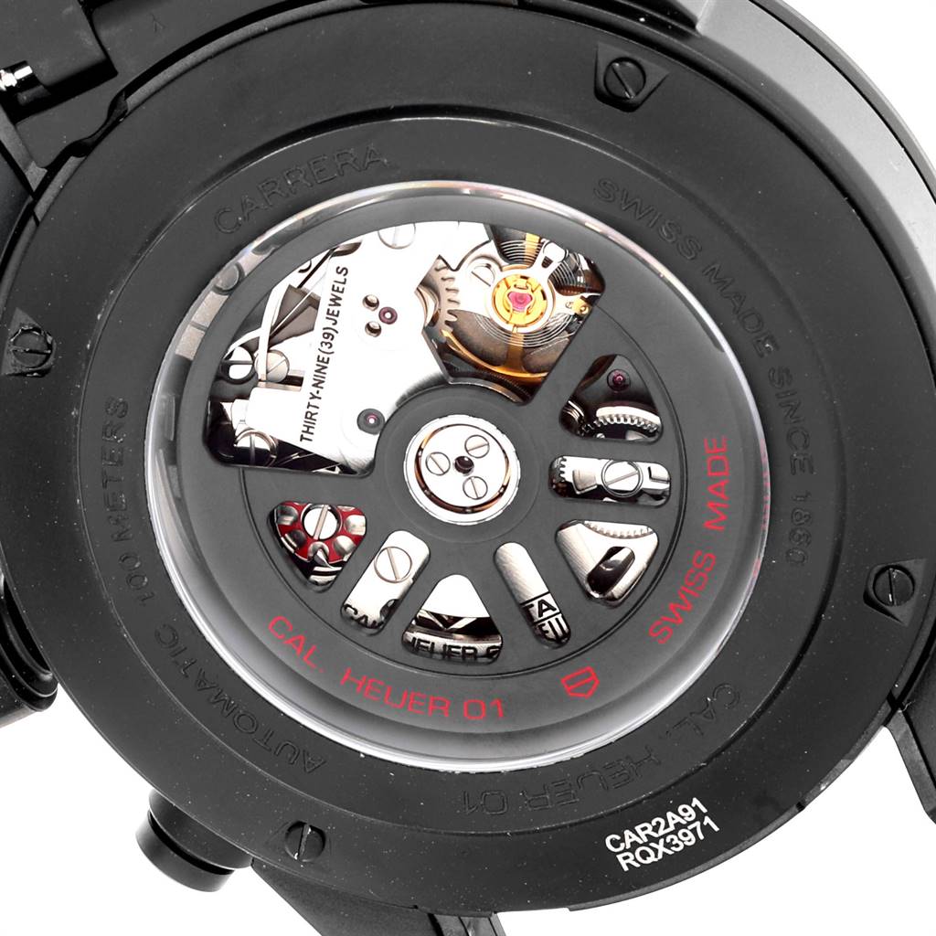 This image shows the back of a Tag Heuer Carrera CAR2A91.BH0742 Men's Stainless Steel Black Dial CAR2A91.BH0742 Men's Stainless Steel Black Dial watch, revealing the intricate mechanical movement and internal components.