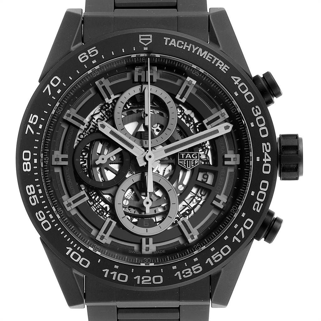 The image shows a frontal view of the Tag Heuer Carrera CAR2A91.BH0742 Men's Stainless Steel Black Dial CAR2A91.BH0742 Men's Stainless Steel Black Dial watch, featuring its dial, tachymeter, and crown.