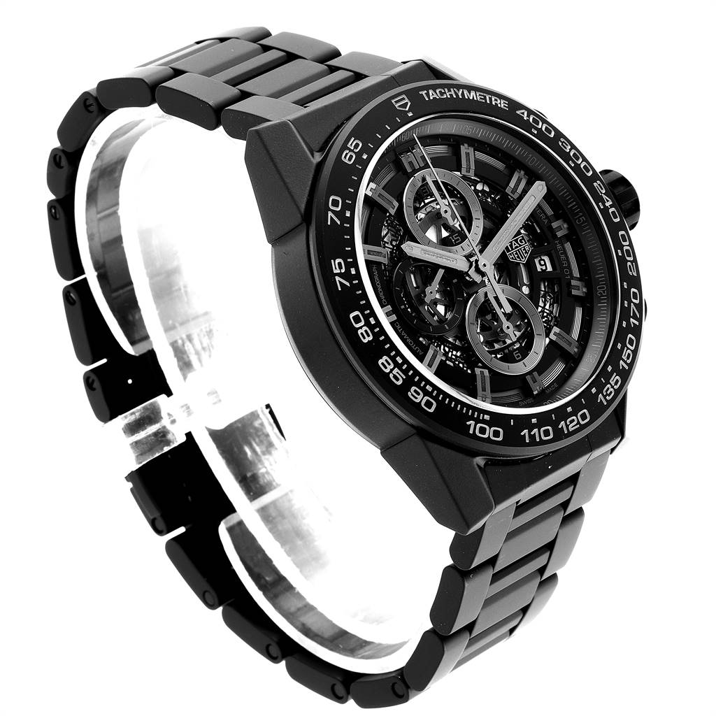 The shot is an angled view of the Tag Heuer Carrera CAR2A91.BH0742 Men's Stainless Steel Black Dial CAR2A91.BH0742 Men's Stainless Steel Black Dial watch, showing its face, bezel, and band.