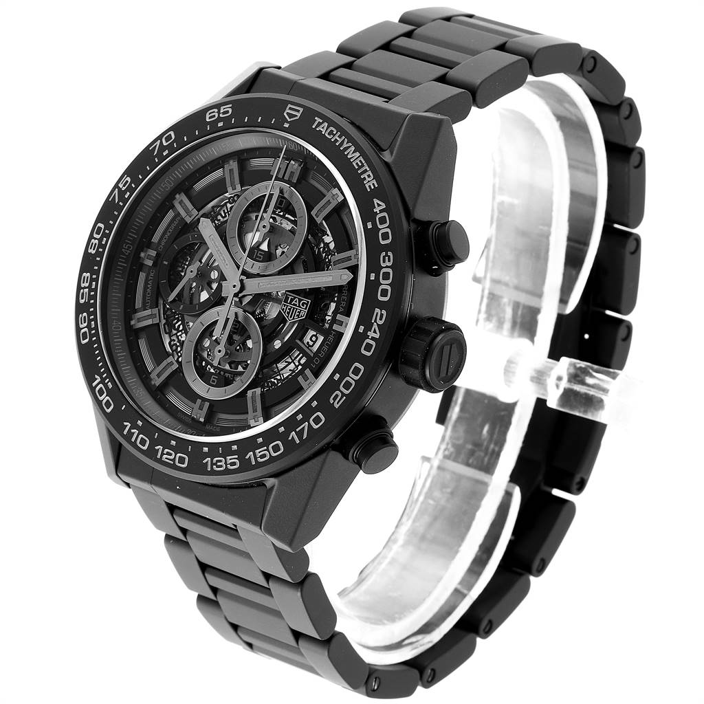 This image shows a Tag Heuer Carrera CAR2A91.BH0742 Men's Stainless Steel Black Dial CAR2A91.BH0742 Men's Stainless Steel Black Dial watch at a three-quarter angle, highlighting the face, bezel, pushers, and bracelet.