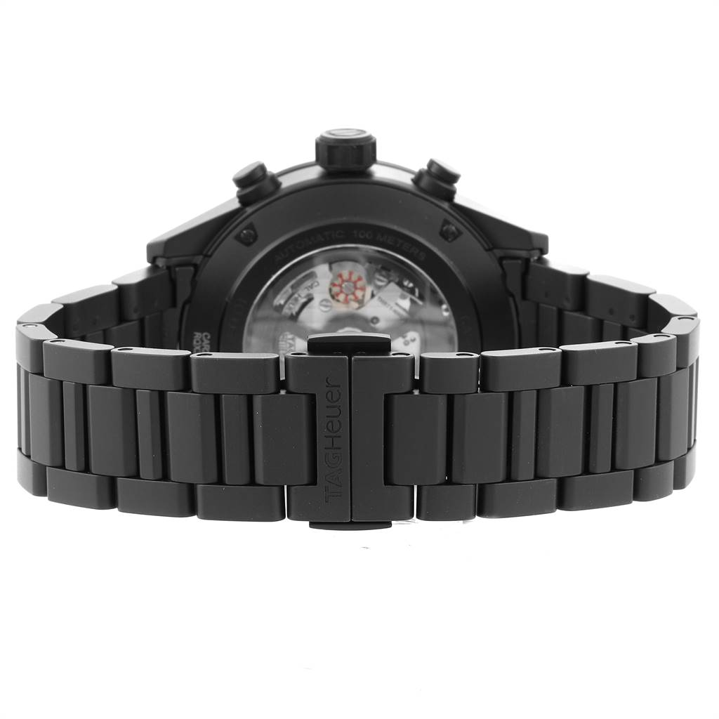 The image shows a rear view of the Tag Heuer Carrera CAR2A91.BH0742 Men's Stainless Steel Black Dial CAR2A91.BH0742 Men's Stainless Steel Black Dial watch, highlighting the bracelet and movement through the transparent case back.