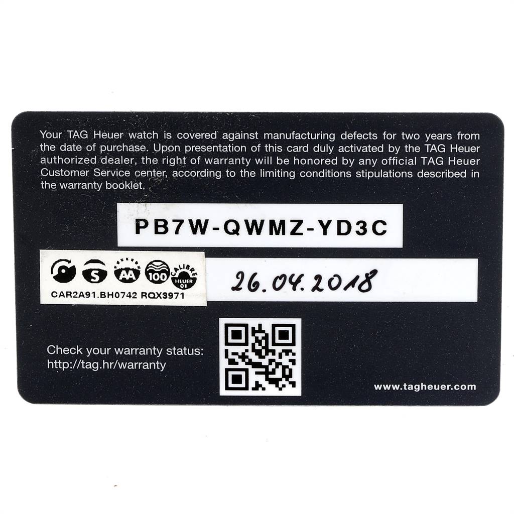 This image shows the warranty card for a Tag Heuer Carrera CAR2A91.BH0742 Men's Stainless Steel Black Dial CAR2A91.BH0742 Men's Stainless Steel Black Dial watch, including a serial number, activation code, and date of purchase.