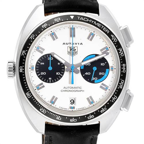 This image shows the front view of a Tag Heuer Autavia CY2110 Men's Stainless Steel White Dial CY2110 Men's Stainless Steel White Dial watch face, highlighting its dials and tachymeter.