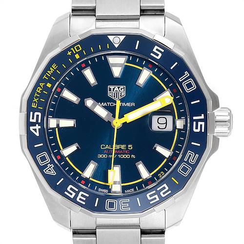 The image shows a front view of the Tag Heuer Limited Edition WAY201H.BA0927 Men's Stainless Steel Blue Dial WAY201H.BA0927 Men's Stainless Steel Blue Dial Match Timer Calibre 5 model watch, highlighting the dial, bezel, and bracelet.