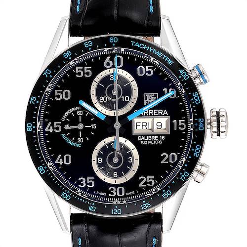 The image shows a front view of the Tag Heuer Carrera Calibre 16 Limited Edition watch featuring chronograph dials and a date display.