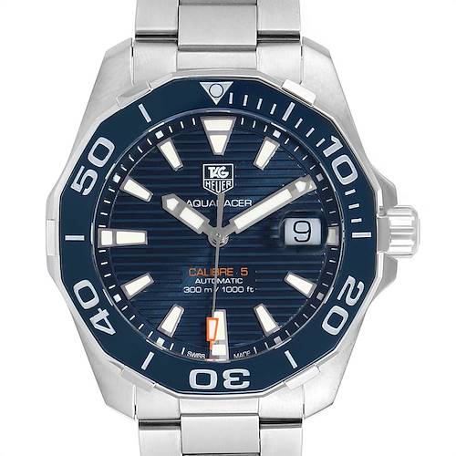 The image shows a front view of the Tag Heuer Aquaracer WAY211C.BA0928 Men's Stainless Steel Blue Dial WAY211C.BA0928 Men's Stainless Steel Blue Dial watch featuring its bezel, dial, hands, and crown.