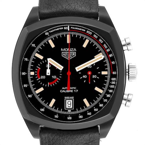 The image shows a front view of the Monza model watch by Tag Heuer, highlighting its bezel, dial, subdials, and crown.