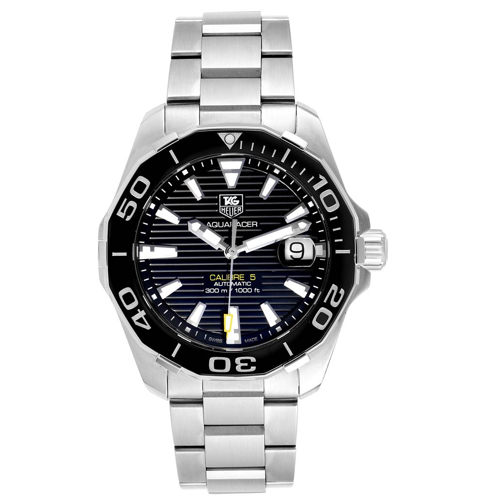 The image shows a full frontal view of the Tag Heuer Aquaracer WAY211A Men's Stainless Steel Black Dial WAY211A Men's Stainless Steel Black Dial watch, highlighting the dial, bezel, and bracelet.