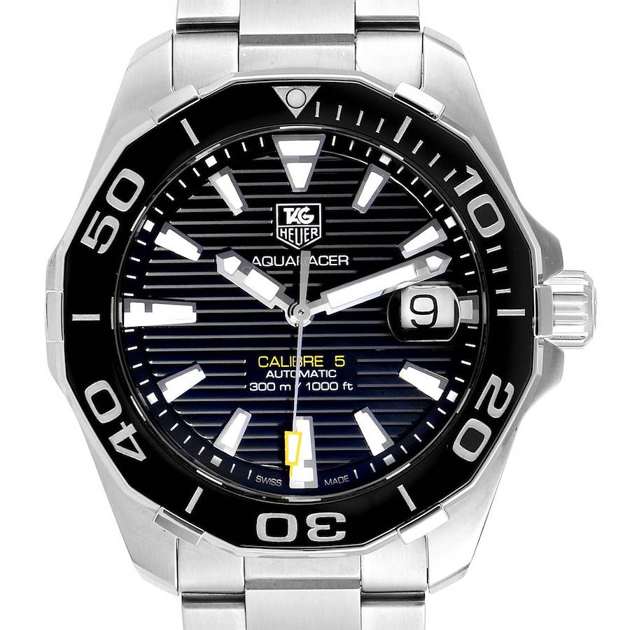 The image shows a front view of the Tag Heuer Aquaracer WAY211A Men's Stainless Steel Black Dial WAY211A Men's Stainless Steel Black Dial watch, highlighting the bezel, dial, hands, and date window.