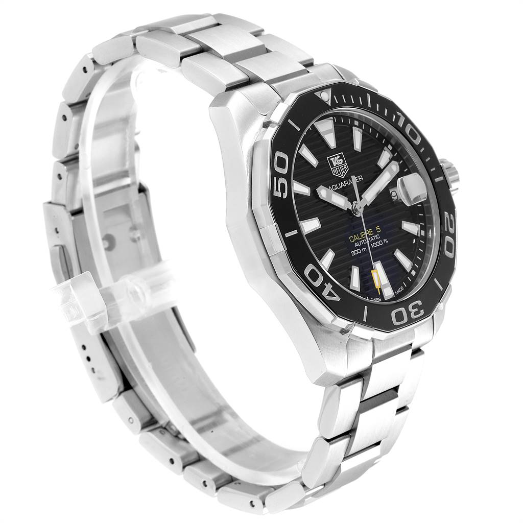 The Tag Heuer Aquaracer WAY211A Men's Stainless Steel Black Dial WAY211A Men's Stainless Steel Black Dial model watch is shown at a three-quarter angle, highlighting the face, bezel, and part of the bracelet.