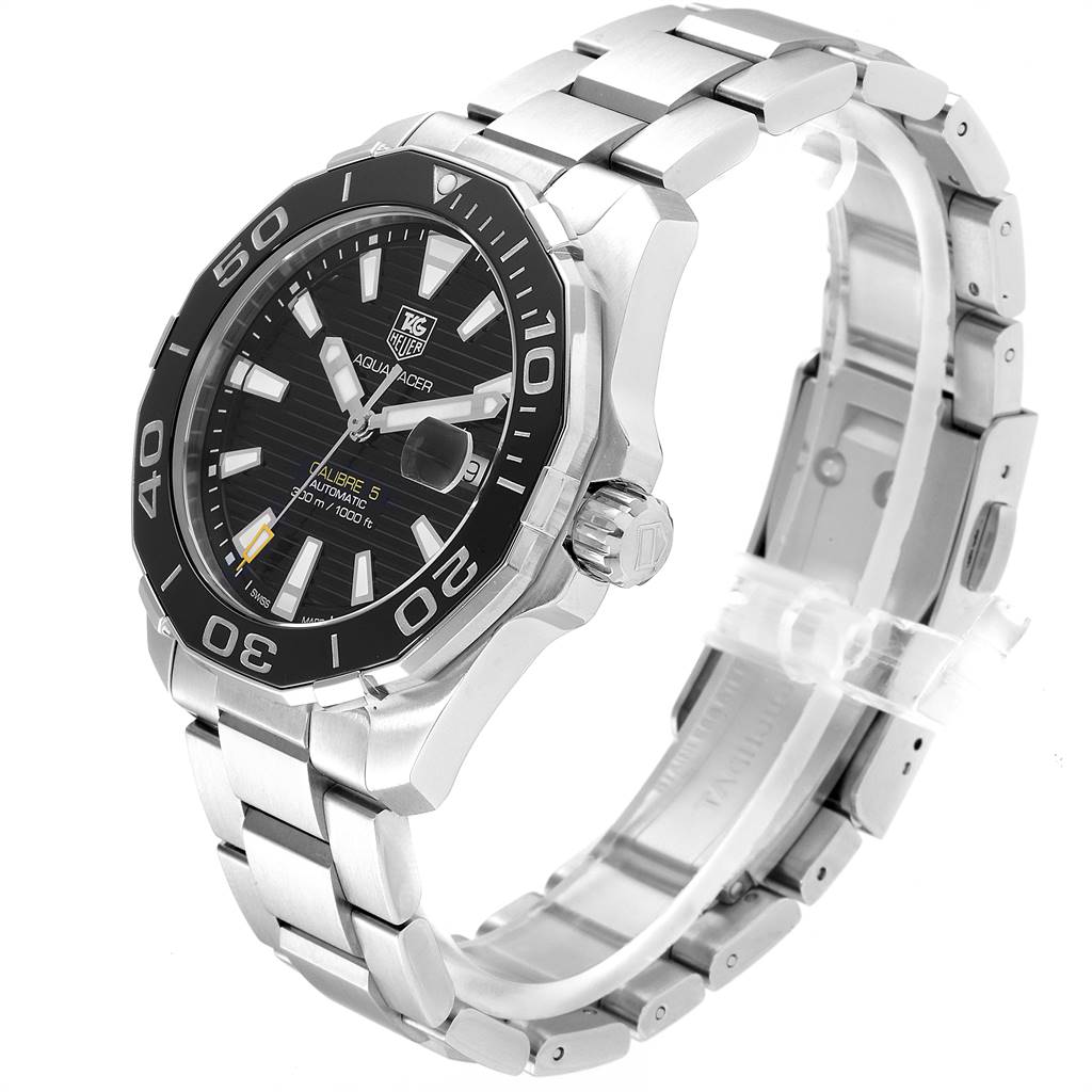 The Tag Heuer Aquaracer WAY211A Men's Stainless Steel Black Dial WAY211A Men's Stainless Steel Black Dial watch is shown at an angled side view, displaying its black bezel, dial, and stainless steel bracelet.