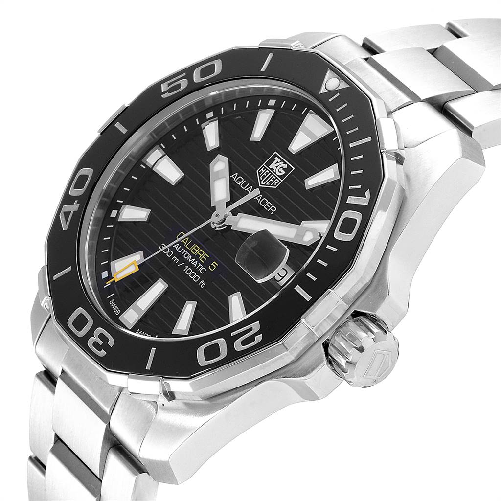 The image shows a Tag Heuer Aquaracer WAY211A Men's Stainless Steel Black Dial WAY211A Men's Stainless Steel Black Dial watch at an angle, highlighting the bezel, dial, bracelet, and crown.