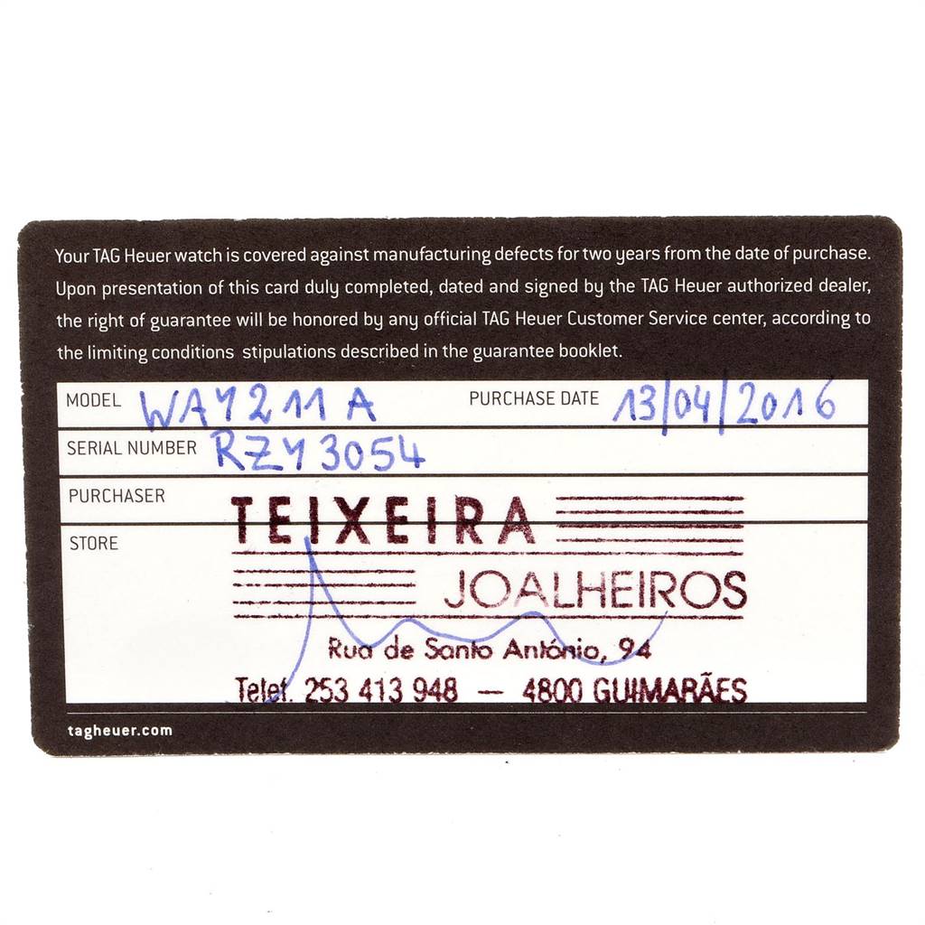 The image shows the guarantee card for the Tag Heuer Aquaracer WAY211A Men's Stainless Steel Black Dial WAY211A Men's Stainless Steel Black Dial model WAY211A watch.