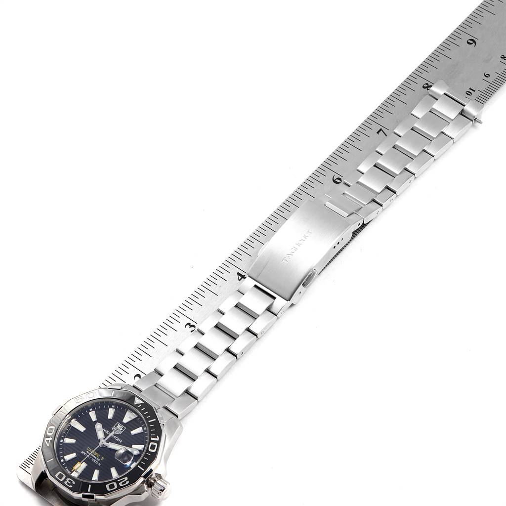 The image shows a side view of a Tag Heuer Aquaracer WAY211A Men's Stainless Steel Black Dial WAY211A Men's Stainless Steel Black Dial watch, focusing on its bracelet and clasp, measured against a ruler.