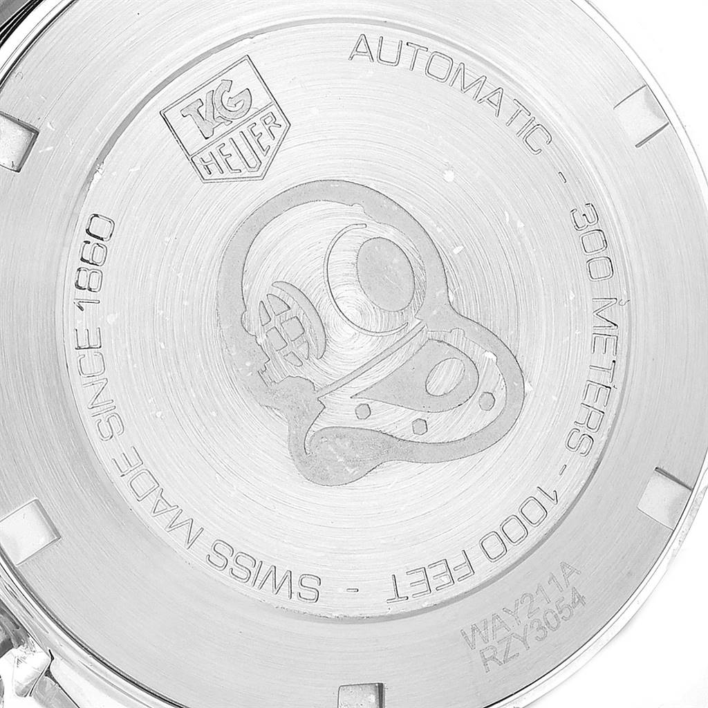 This is the back of the Tag Heuer Aquaracer WAY211A Men's Stainless Steel Black Dial WAY211A Men's Stainless Steel Black Dial watch, showing its engraved markings and logo.