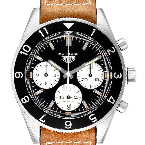 The image shows a frontal view of the Tag Heuer Autavia CBE2110.FC8226 Men's Stainless Steel Black Dial CBE2110.FC8226 Men's Stainless Steel Black Dial watch, highlighting its bezel, dial, subdials, and crown.