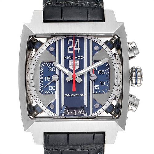 The image shows a front view of a Tag Heuer Monaco CAL5111.FC6299 Men's Stainless Steel Blue Dial CAL5111.FC6299 Men's Stainless Steel Blue Dial watch, featuring its dial, hands, and push buttons.