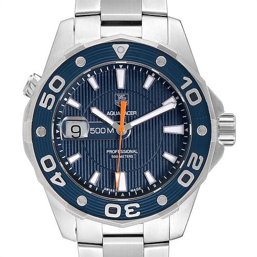 Front view of the Tag Heuer Aquaracer WAJ1112.BA0871 Men's Stainless Steel Blue Dial WAJ1112.BA0871 Men's Stainless Steel Blue Dial watch, showing the dial, bezel, hands, date window, and part of the bracelet.