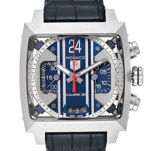 The image shows a front view of the Tag Heuer Monaco CAL5111.FC6299 Men's Stainless Steel Blue Dial CAL5111.FC6299 Men's Stainless Steel Blue Dial watch, displaying its dial, hands, and crown.
