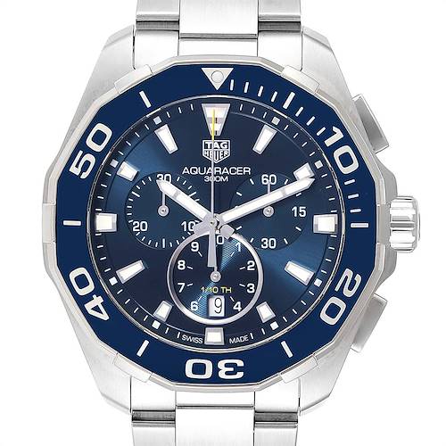 The image shows a close-up, front view of the Tag Heuer Aquaracer CAY111B.BA0927 Men's Stainless Steel Blue Dial CAY111B.BA0927 Men's Stainless Steel Blue Dial watch, highlighting its blue dial and bezel.