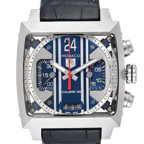 The image shows a front view of the Tag Heuer Monaco CAL5111.FC6299 Men's Stainless Steel Blue Dial CAL5111.FC6299 Men's Stainless Steel Blue Dial watch with its square face and intricate dial details.
