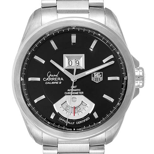 This image shows a close-up front view of a Tag Heuer Carrera WAV5111.BA0901 Men's Stainless Steel Black Dial WAV5111.BA0901 Men's Stainless Steel Black Dial watch model, highlighting the dial and metal bracelet.