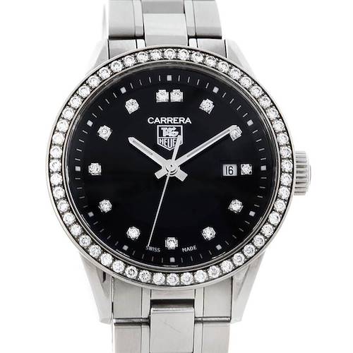 The image shows a front view of a Tag Heuer Carrera WV1412.BA0793 Women's Stainless Steel Black Dial WV1412.BA0793 Women's Stainless Steel Black Dial watch with a black dial, diamond-encrusted bezel, and date display at 3 o'clock.