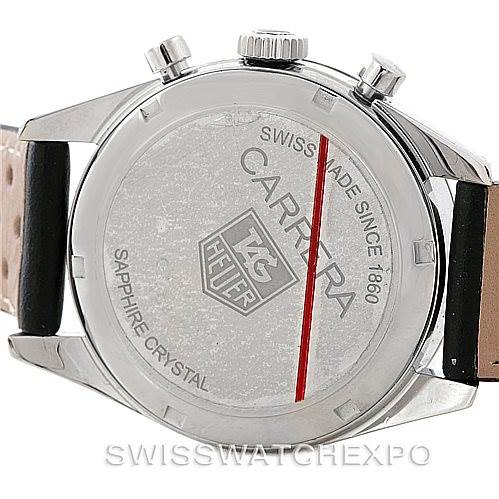 The image shows the back case of a Tag Heuer Carrera CV2110 Men's Stainless Steel Silver Dial CV2110 Men's Stainless Steel Silver Dial Classic model watch featuring its branding and details like "Swiss Made" and "Sapphire Crystal."