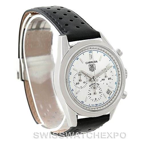 The image shows a Tag Heuer Classic Carrera watch from a side angle, displaying the face, case, and perforated black leather strap.