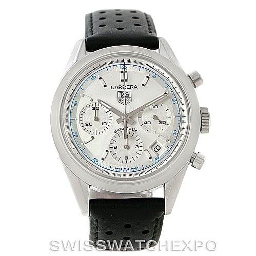 The image shows a front view of the Classic Tag Heuer watch, displaying the dial, subdials, and perforated leather strap.