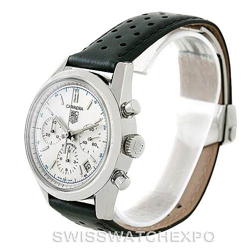 The Tag Heuer Classic model watch is shown from an angled side view, highlighting the face, side buttons, and band.