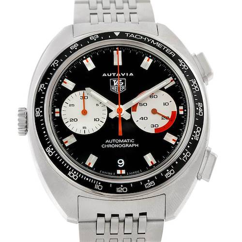 The image shows a front view of a Tag Heuer Autavia CY2111 Men's Stainless Steel Black Dial CY2111 Men's Stainless Steel Black Dial watch, highlighting the dial, sub-dials, bezel, and part of the bracelet.
