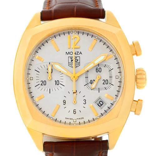 The image shows a frontal view of a Tag Heuer Monza CR514A.FC8145 Yellow Gold Silver Dial CR514A.FC8145 Yellow Gold Silver Dial watch, highlighting its dial, chronograph sub-dials, and crown.