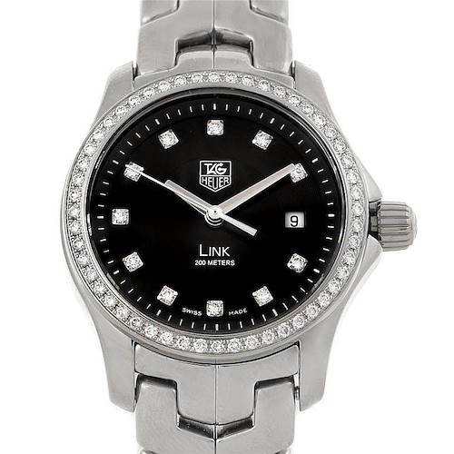 The image shows a front view of the Tag Heuer Link WJF131A Women's Stainless Steel Black Dial WJF131A Women's Stainless Steel Black Dial model watch, highlighting its face, bezel, and part of the bracelet.
