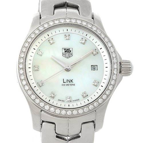 The image shows a front view of the Link model watch by Tag Heuer, highlighting its dial, bezel, and bracelet.