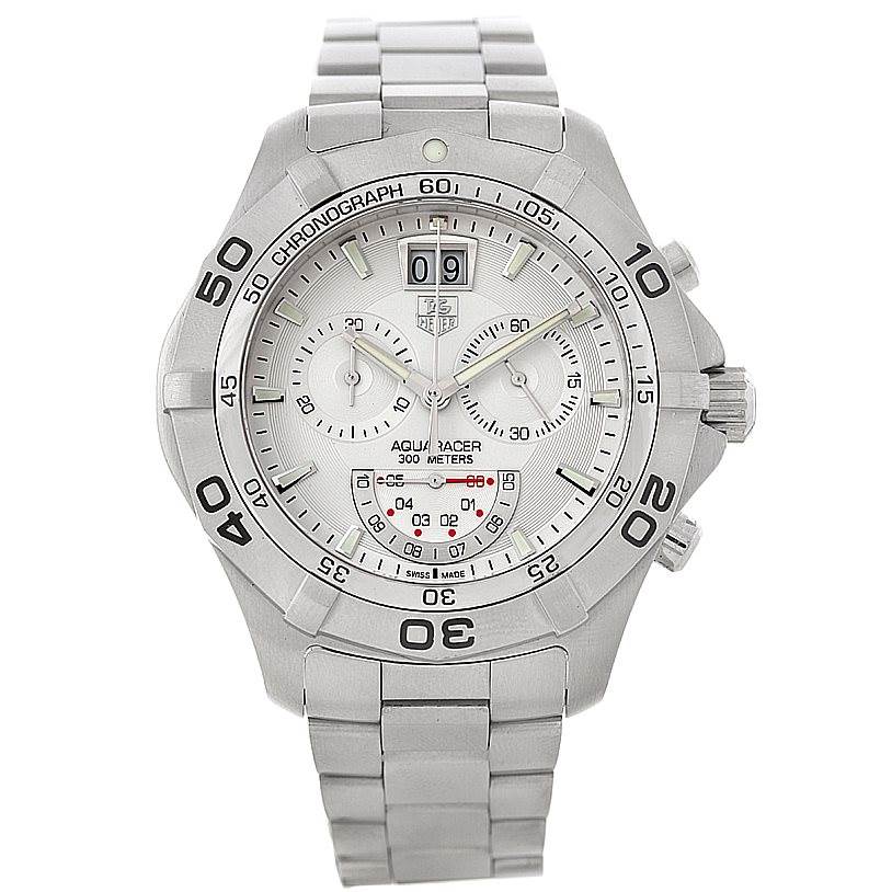 The image shows a front view of a Tag Heuer Aquaracer CAF101B Men's Stainless Steel Silver Dial CAF101B Men's Stainless Steel Silver Dial watch, displaying its face, bezel, and metal band.