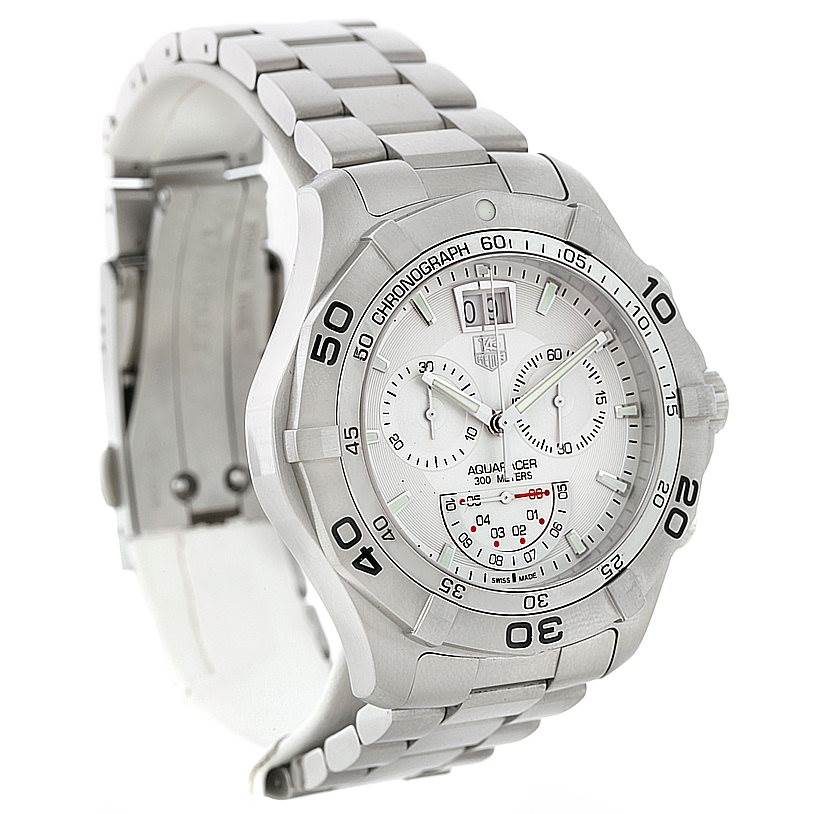 The image shows a front-left angled view of the Tag Heuer Aquaracer CAF101B Men's Stainless Steel Silver Dial CAF101B Men's Stainless Steel Silver Dial watch, highlighting its dial, bezel, and metal bracelet.