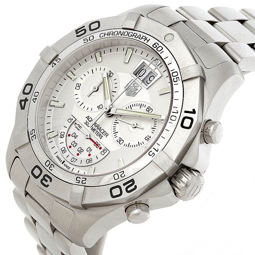 The Tag Heuer Aquaracer CAF101B Men's Stainless Steel Silver Dial CAF101B Men's Stainless Steel Silver Dial watch is shown at an angled view highlighting the bezel, chronograph subdials, and part of the bracelet.