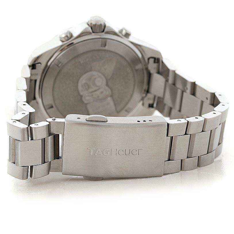 The image shows the back and clasp of the Tag Heuer Aquaracer CAF101B Men's Stainless Steel Silver Dial CAF101B Men's Stainless Steel Silver Dial watch, highlighting the bracelet and engraved logo.