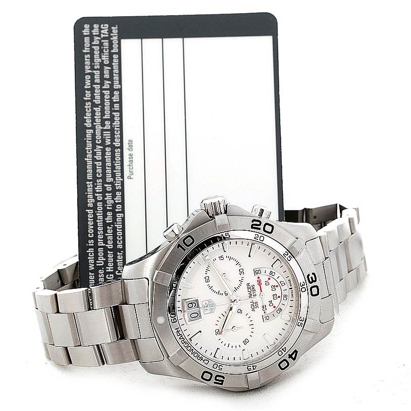 The Tag Heuer Aquaracer CAF101B Men's Stainless Steel Silver Dial CAF101B Men's Stainless Steel Silver Dial watch is shown from a front angle, featuring its dial, bezel, bracelet, and chronograph buttons.